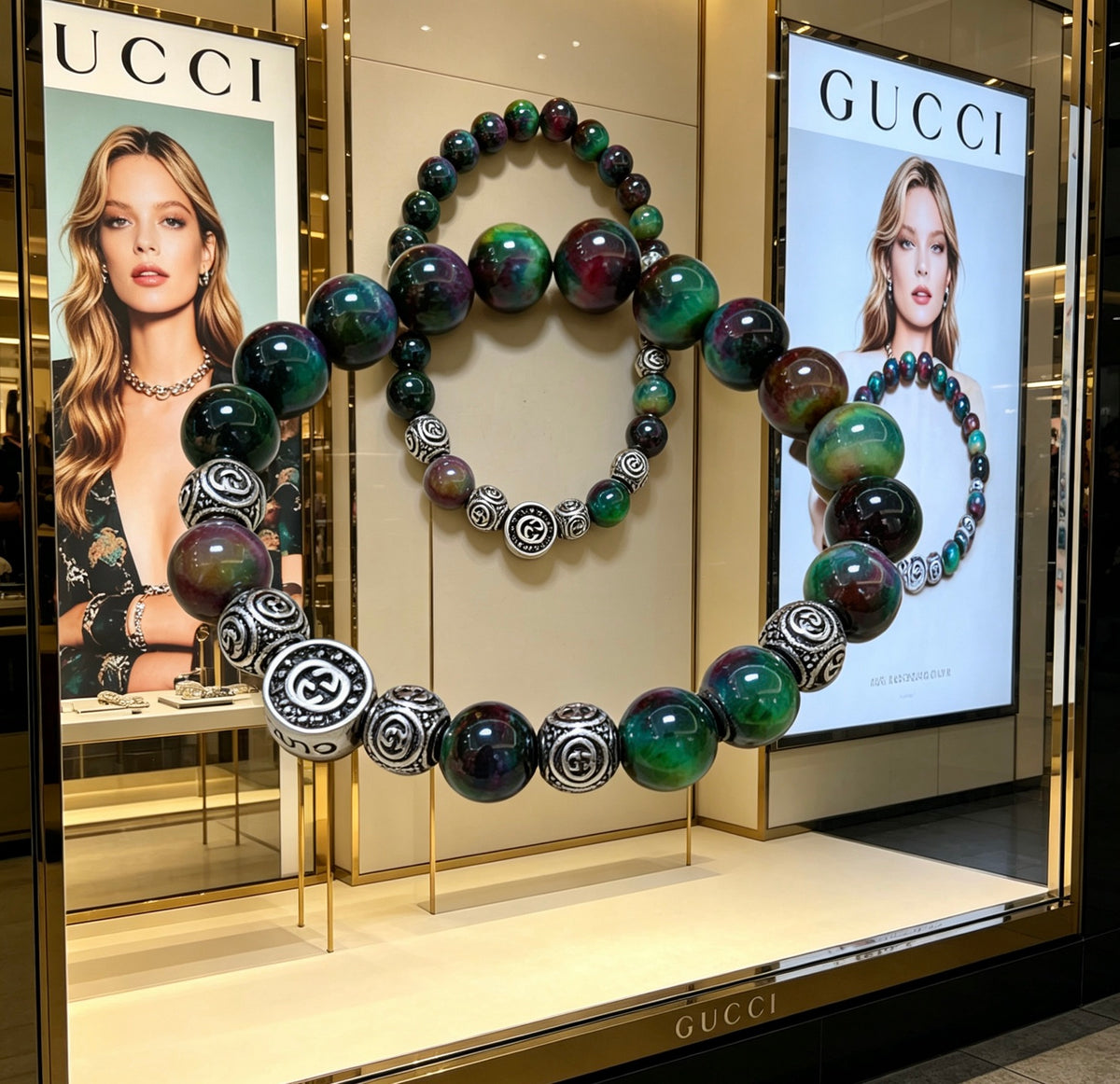 Double-G Emblem Beaded Bracelet in Polished Metal-Tone – Agate Detail – Design 011 main product view