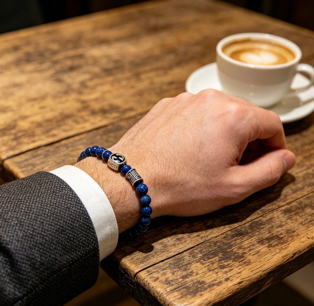 Double-G Emblem Beaded Bracelet in Polished Metal-Tone – Crystal Detail – Design 017 detail view