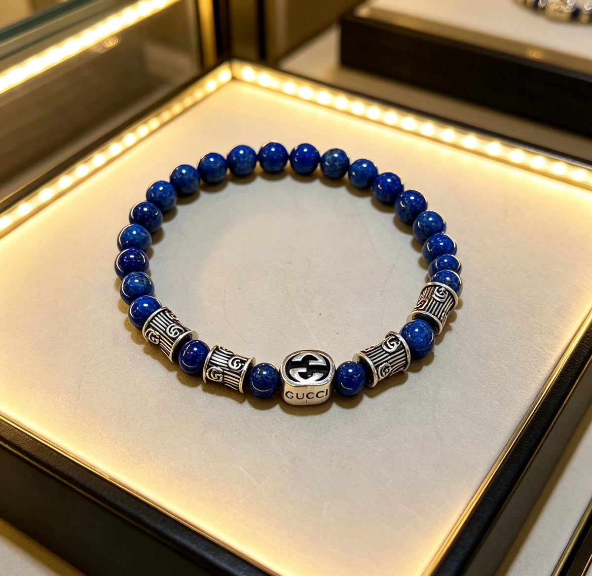 Double-G Emblem Beaded Bracelet in Polished Metal-Tone – Crystal Detail – Design 017 front product view