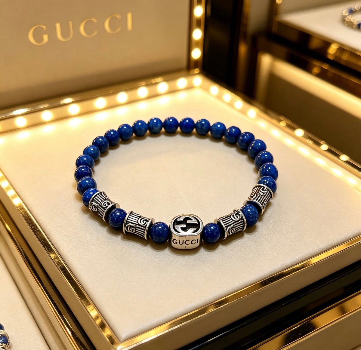 Double-G Emblem Beaded Bracelet in Polished Metal-Tone – Crystal Detail – Design 017 close-up detail