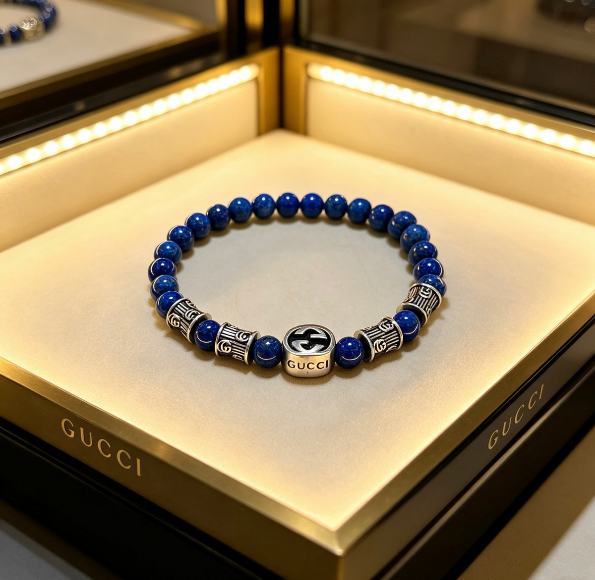 Double-G Emblem Beaded Bracelet in Polished Metal-Tone – Crystal Detail – Design 009 detail view