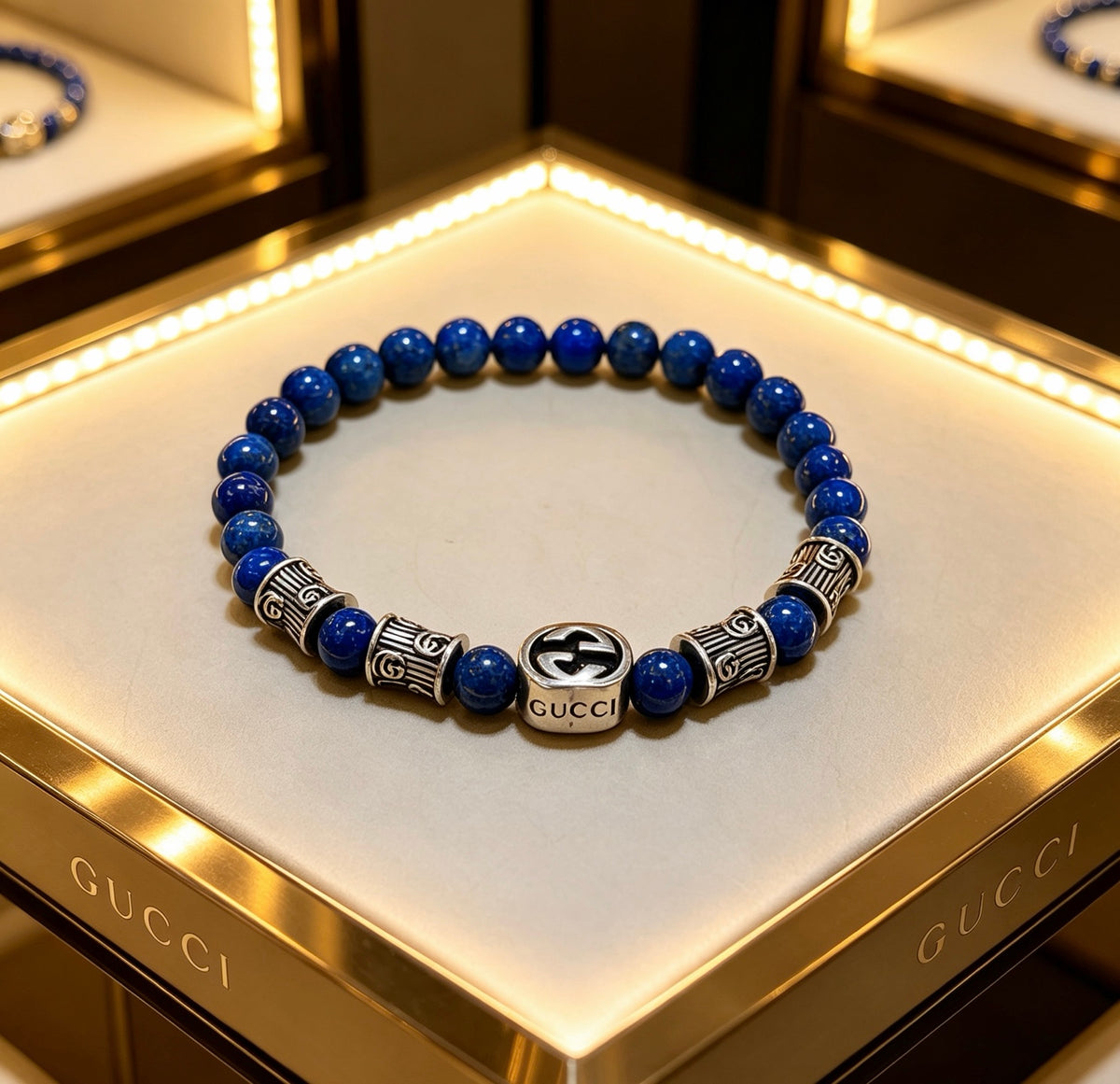 Double-G Emblem Beaded Bracelet in Polished Metal-Tone – Crystal Detail – Design 009 side detail