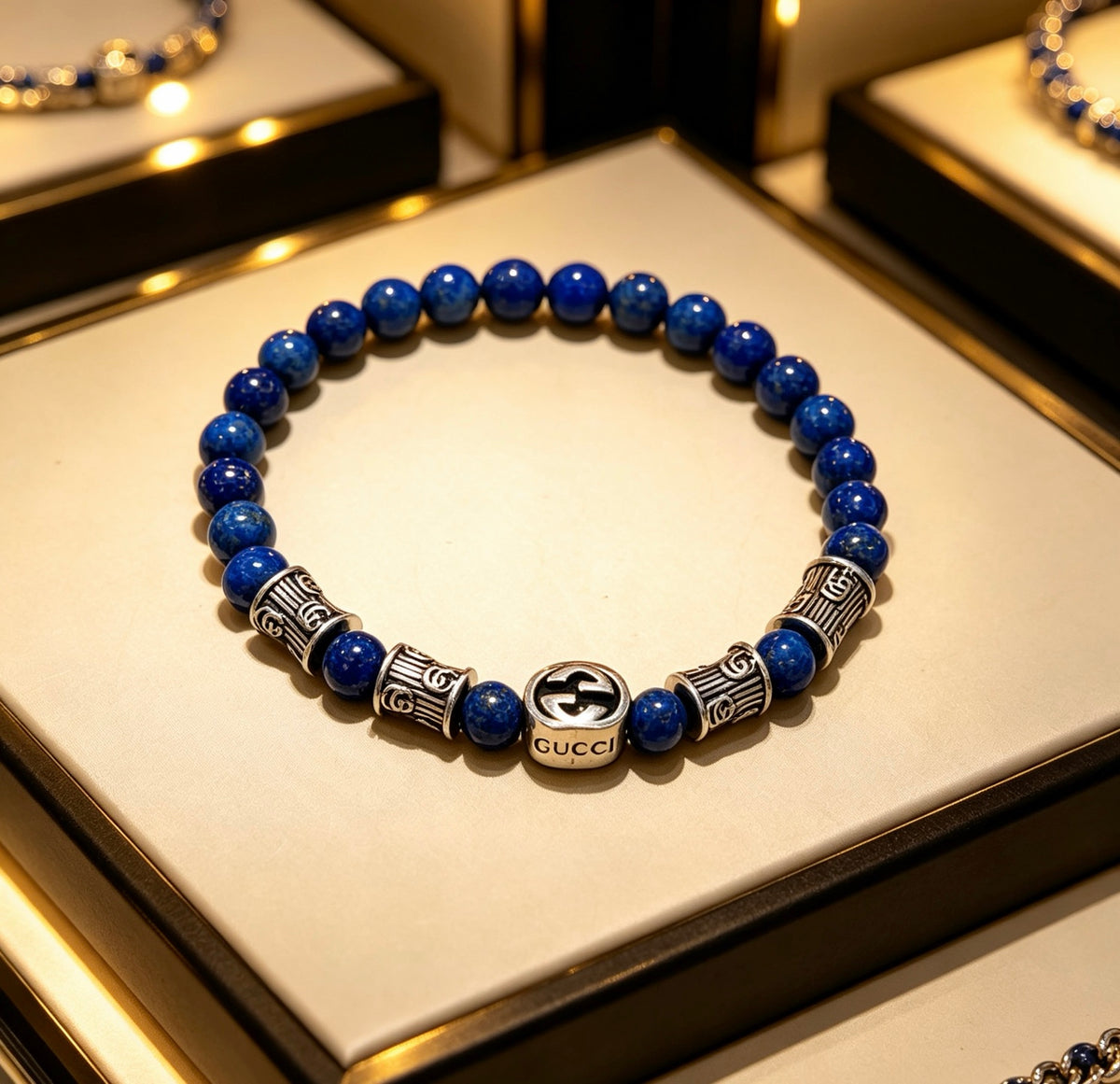 Double-G Emblem Beaded Bracelet in Polished Metal-Tone – Crystal Detail – Design 017 main product view