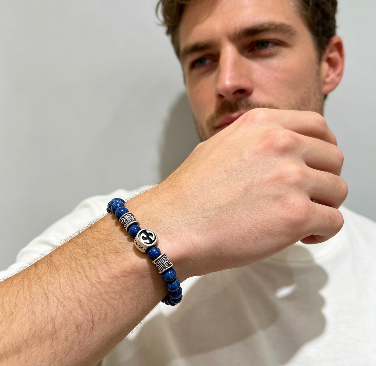 Double-G Emblem Beaded Bracelet in Polished Metal-Tone – Crystal Detail – Design 017 front product view