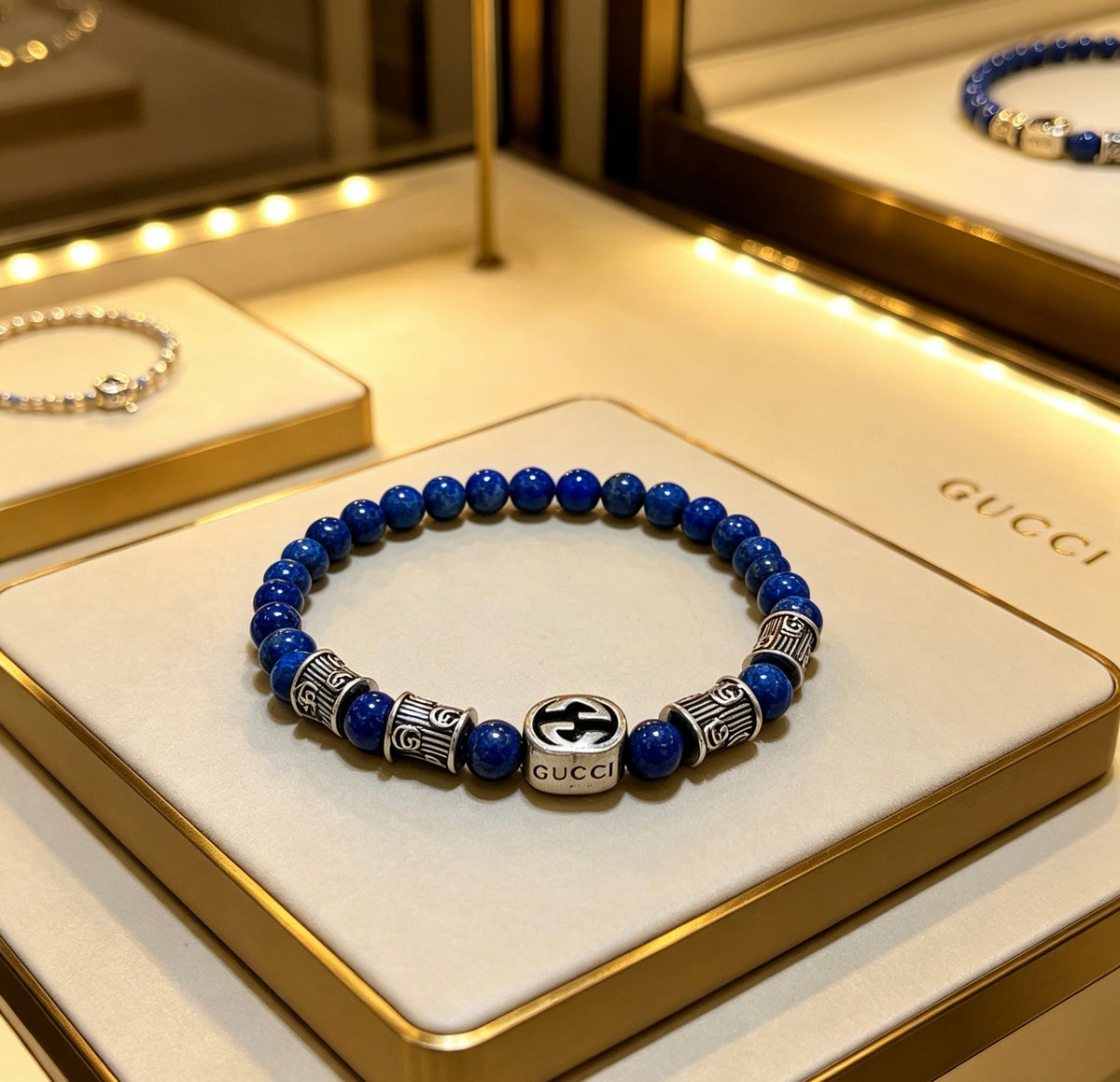 Double-G Emblem Beaded Bracelet in Polished Metal-Tone – Crystal Detail – Design 009 main product view