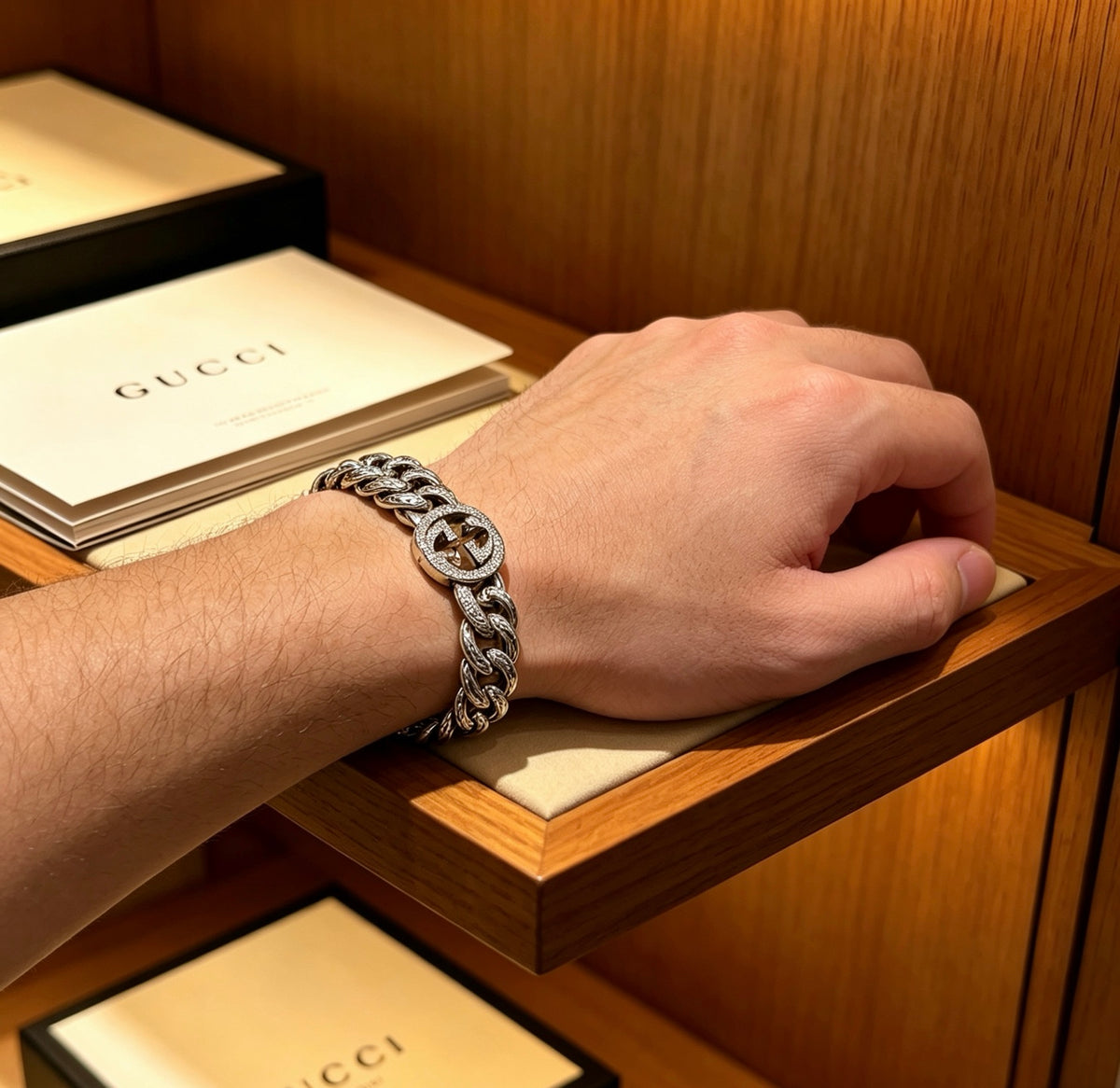 Geometric Emblem Bracelet in Polished Metal-Tone – Design 040 detail view