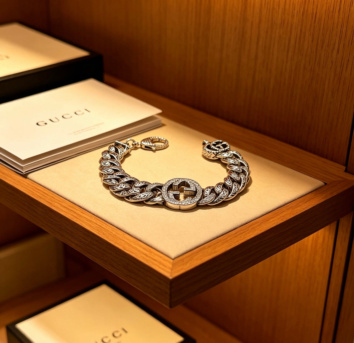 Geometric Emblem Bracelet in Polished Metal-Tone – Design 040 detail view