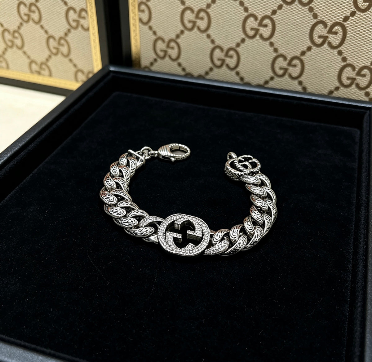 Geometric Emblem Bracelet in Polished Metal-Tone – Design 040 close-up detail