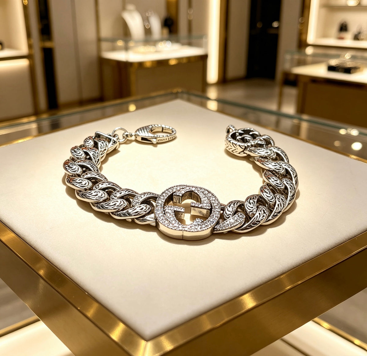 Geometric Emblem Bracelet in Polished Metal-Tone – Design 040 side detail