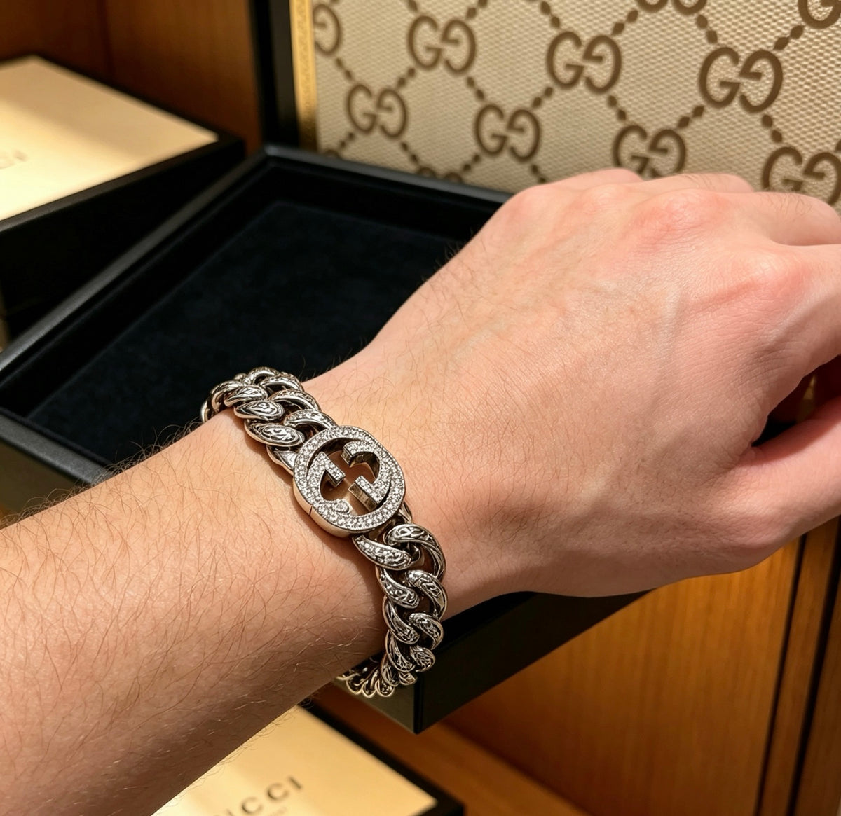 Geometric Emblem Bracelet in Polished Metal-Tone – Design 040 front product view