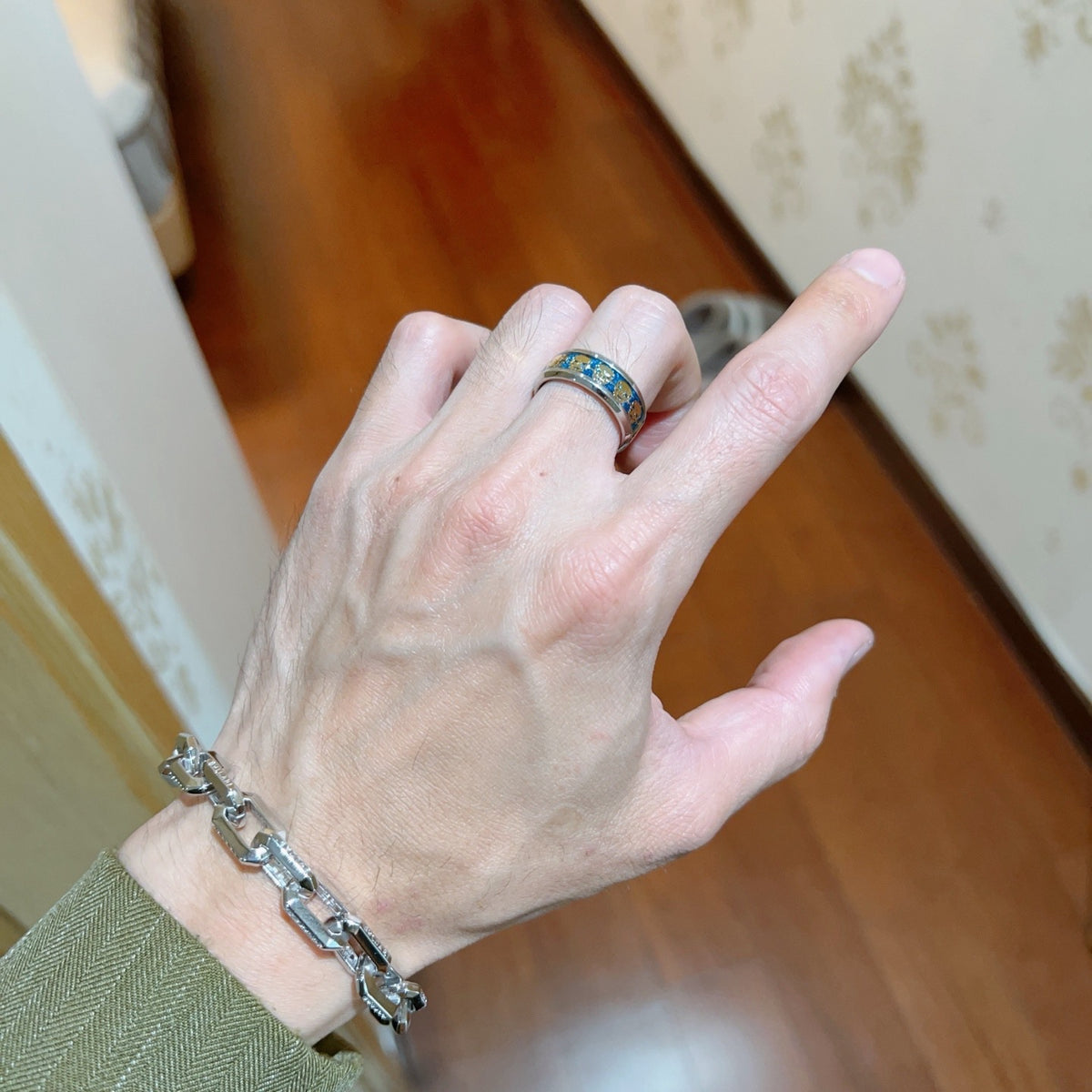 Geometric Emblem Statement Ring in Gold-Tone – Gold Detail – Design 003 detail view