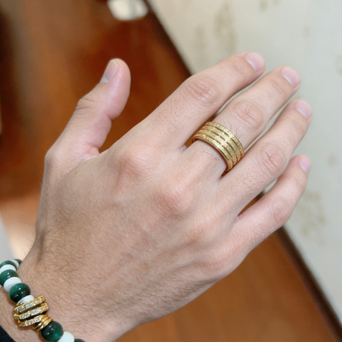 Geometric Emblem Statement Ring in Gold-Tone – Gold Detail – Design 002 front product view