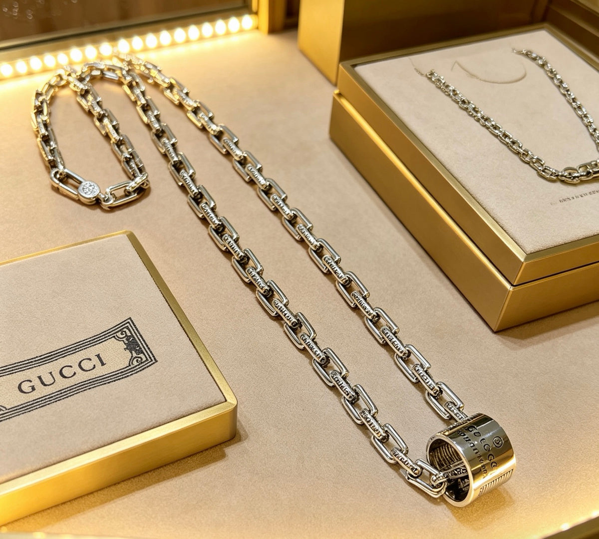 Double-G Emblem Pendant Necklace in Polished Metal-Tone – Design 189 front product view