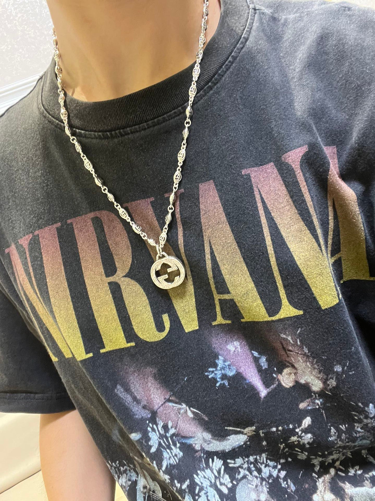 Double-G Emblem Pendant Necklace in Polished Metal-Tone – Design 087 styled product view
