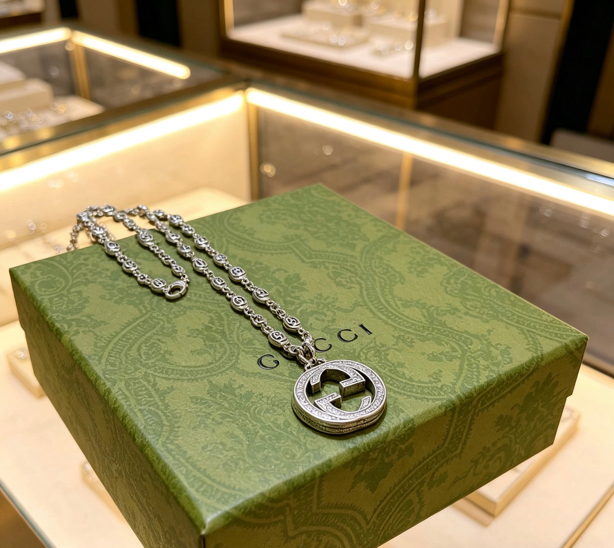 Double-G Emblem Pendant Necklace in Polished Metal-Tone – Design 188 front product view
