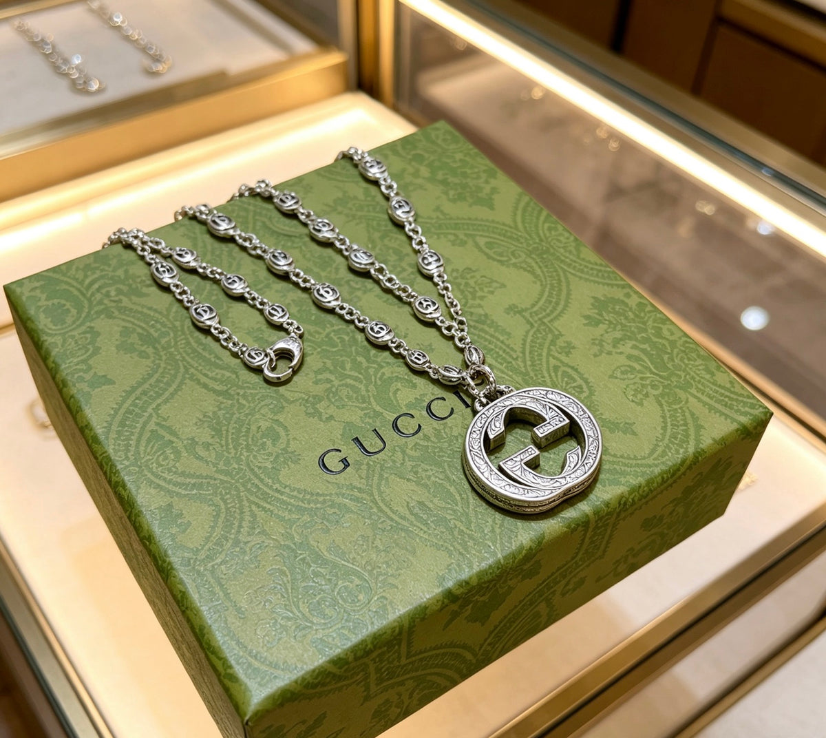 Double-G Emblem Pendant Necklace in Polished Metal-Tone – Design 087 main product view