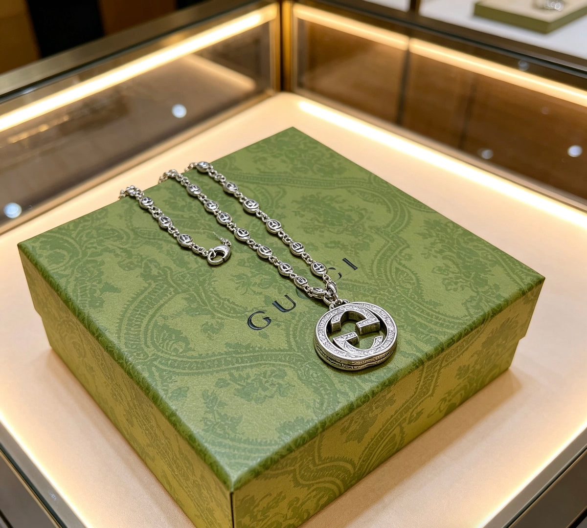 Double-G Emblem Pendant Necklace in Polished Metal-Tone – Design 188 side detail