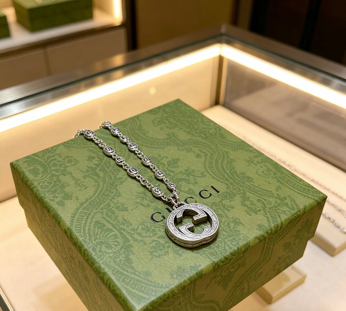 Double-G Emblem Pendant Necklace in Polished Metal-Tone – Design 087 front product view