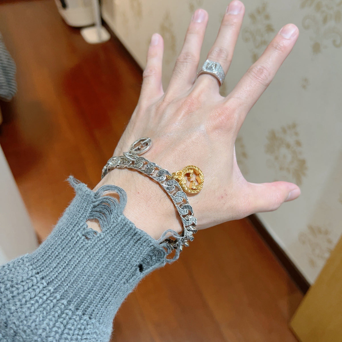 Geometric Emblem Bracelet in Polished Metal-Tone – Design 093 detail view