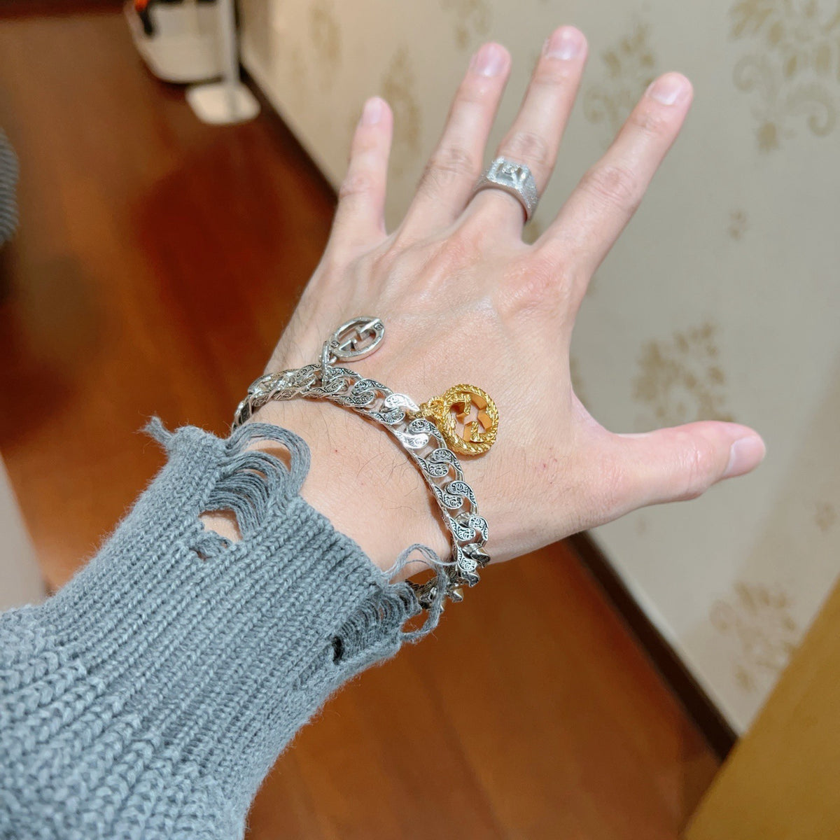 Geometric Emblem Bracelet in Polished Metal-Tone – Design 093 front product view