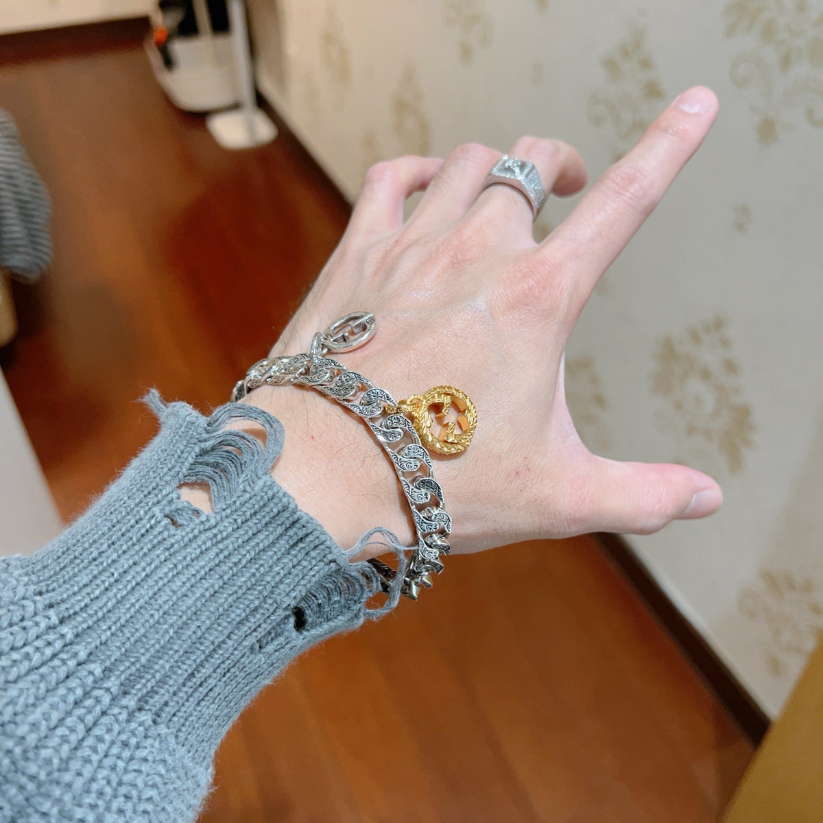 Geometric Emblem Bracelet in Polished Metal-Tone – Design 093 styled product view
