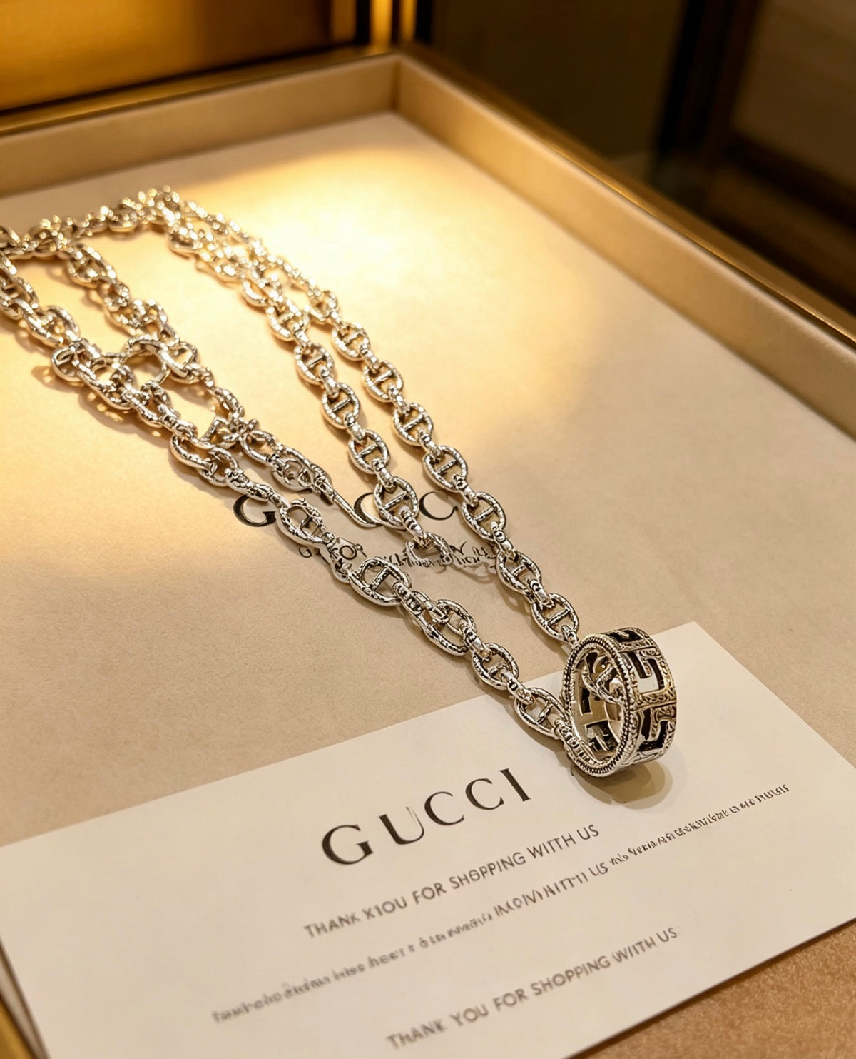 Double-G Emblem Pendant Necklace in Polished Metal-Tone – Vintage Detail – Design 021 front product view