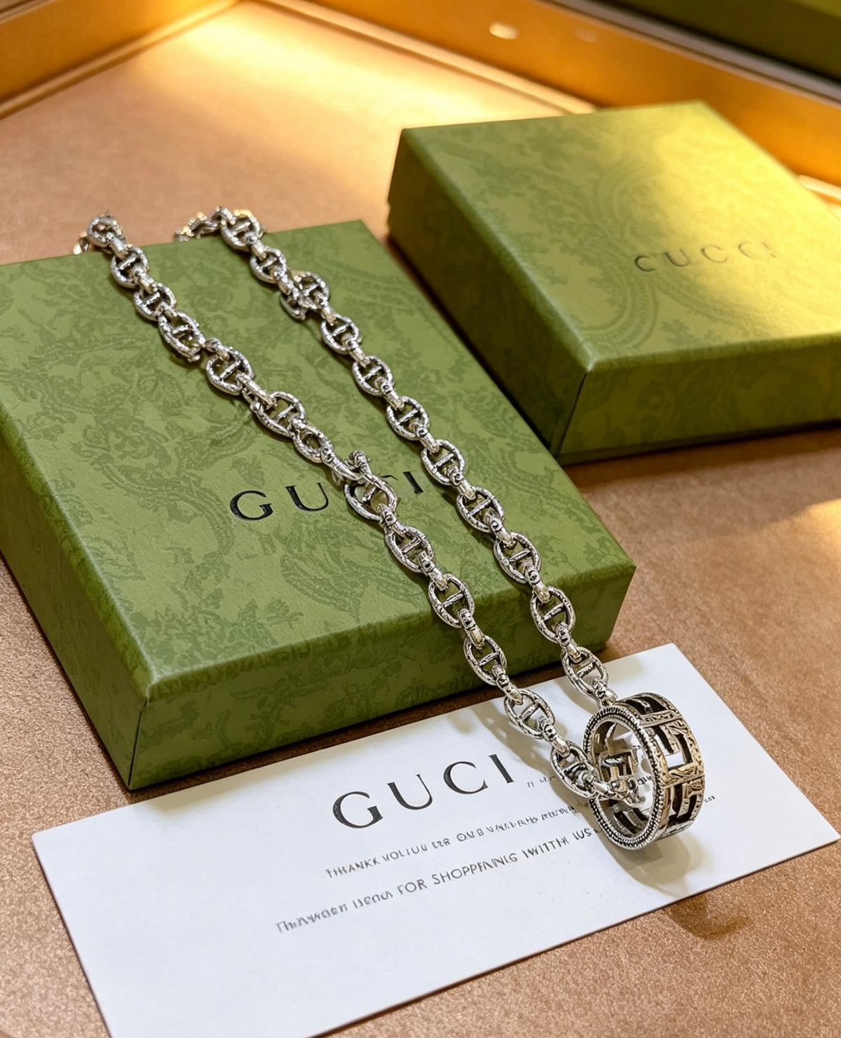 Double-G Emblem Pendant Necklace in Polished Metal-Tone – Vintage Detail – Design 021 side detail