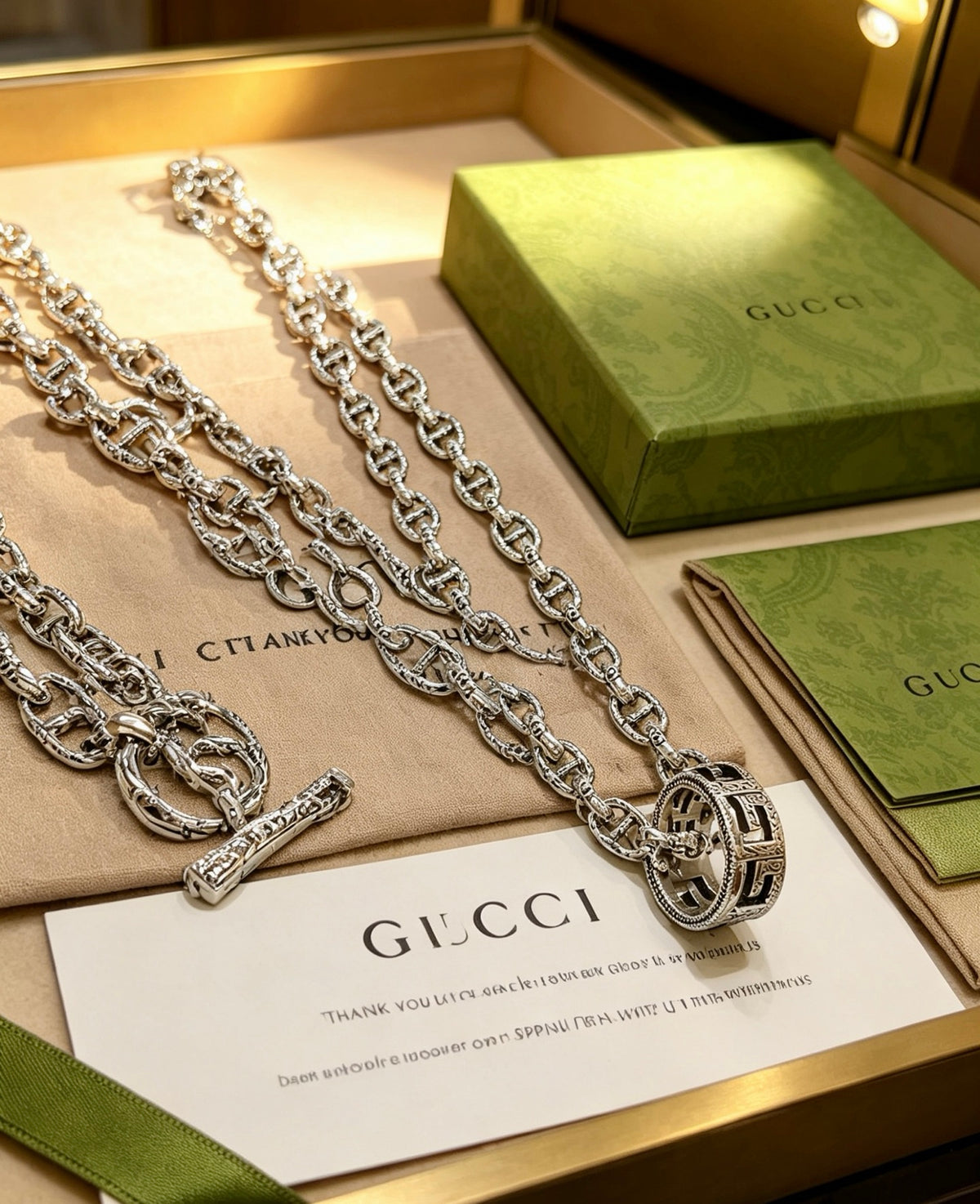 Double-G Emblem Pendant Necklace in Polished Metal-Tone – Vintage Detail – Design 021 main product view