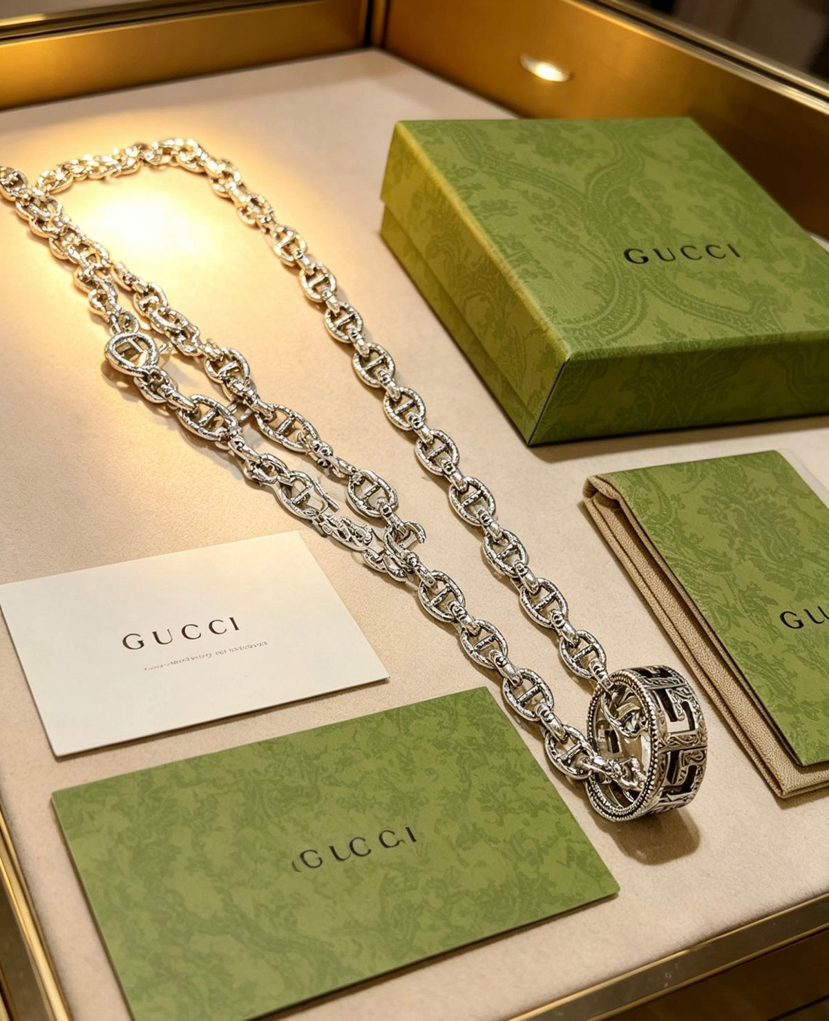 Double-G Emblem Pendant Necklace in Polished Metal-Tone – Vintage Detail – Design 054 front product view