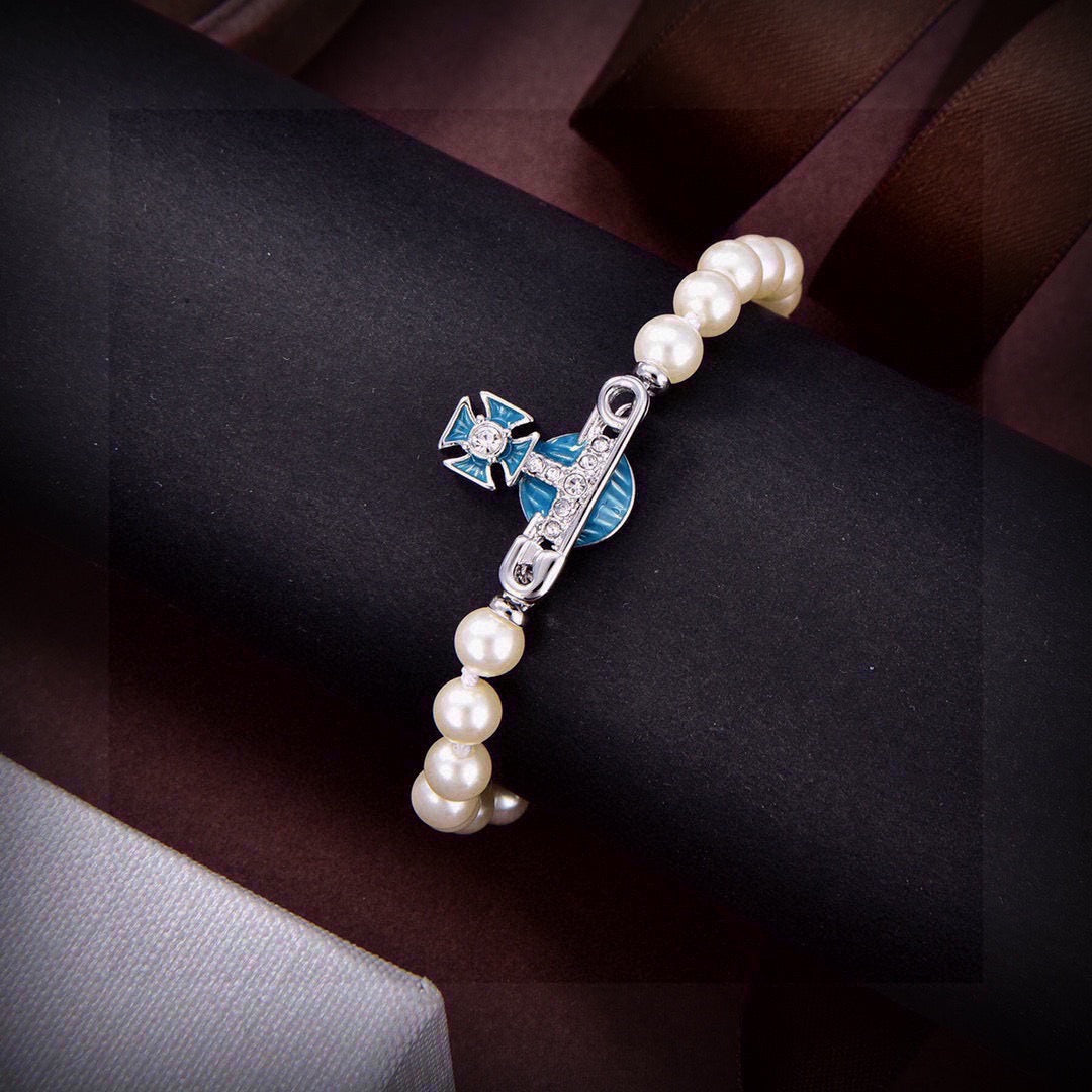 Orb Bracelet in Polished Metal-Tone – Pearl Detail – Design 007 front product view