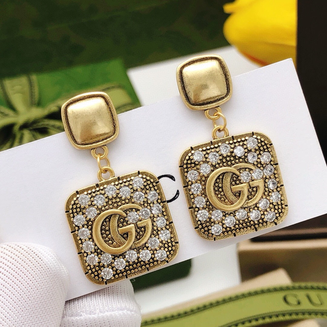 Geometric Emblem Stud Earrings in Polished Metal-Tone – Design 026 main product view