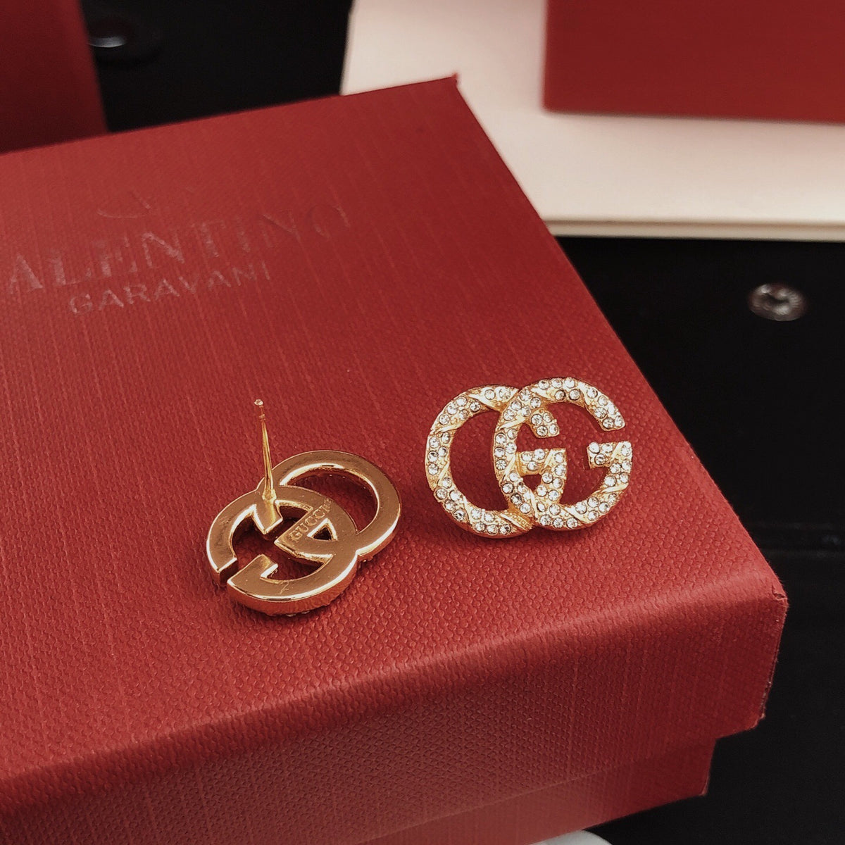 Floral Stud Earrings in Gold-Tone – Red Detail main product view