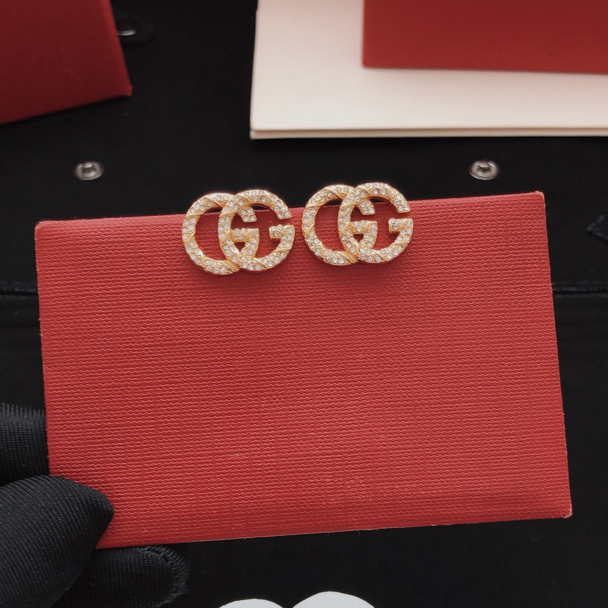 Floral Stud Earrings in Gold-Tone – Red Detail side detail