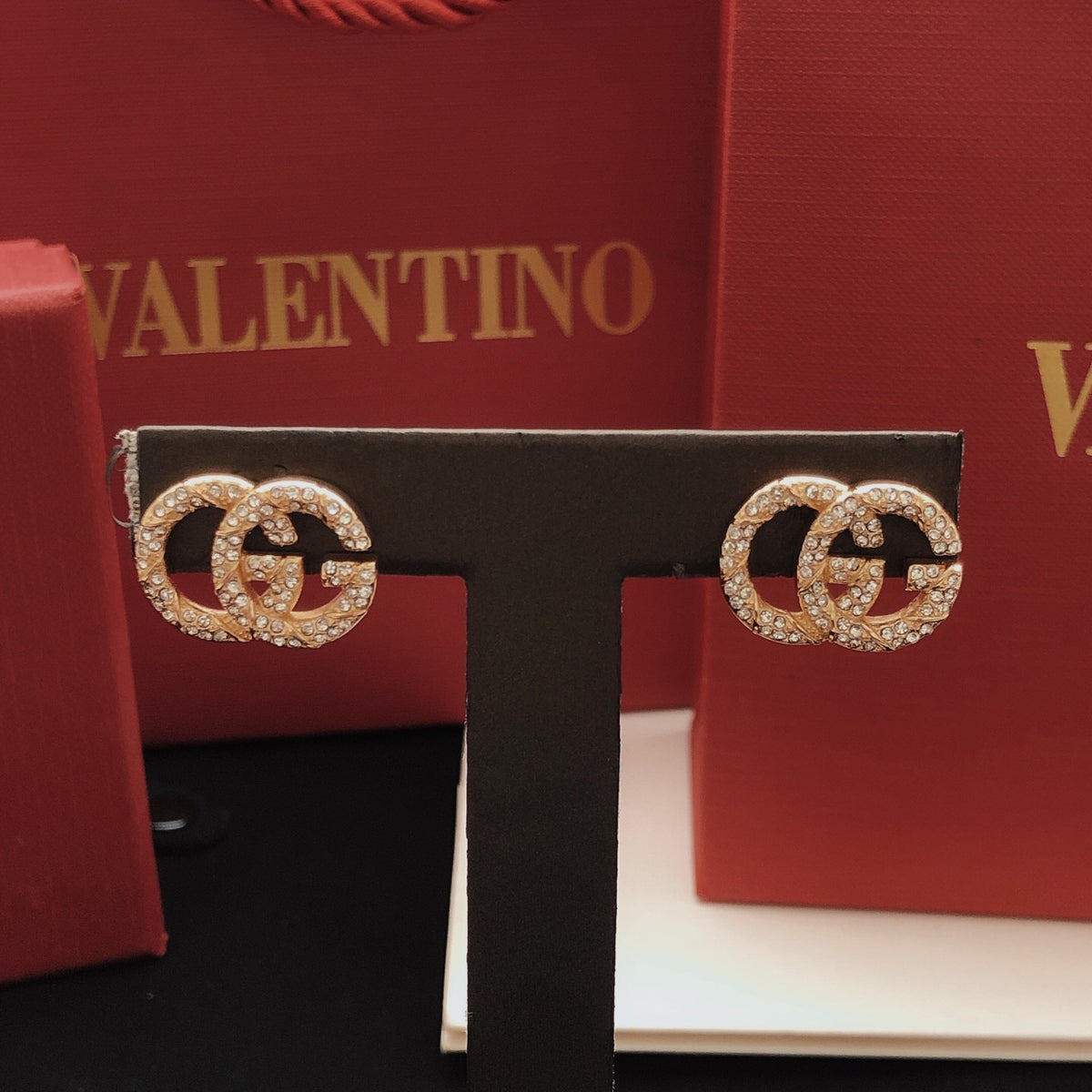 Floral Stud Earrings in Gold-Tone – Red Detail front product view