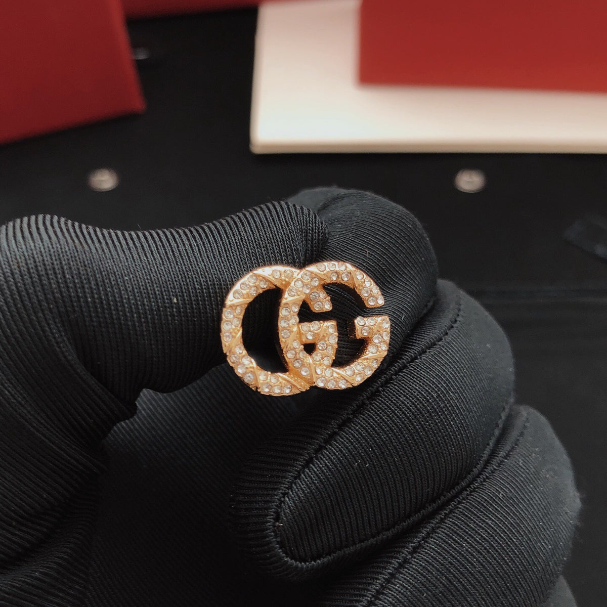 Floral Stud Earrings in Gold-Tone – Red Detail detail view