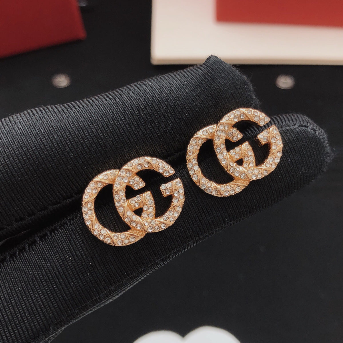 Floral Stud Earrings in Gold-Tone – Red Detail front product view