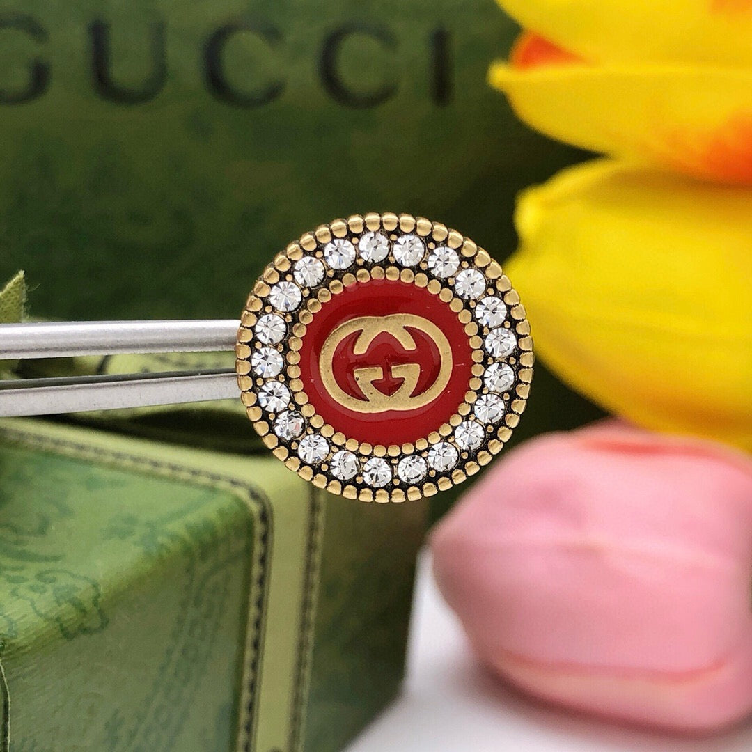 Geometric Emblem Stud Earrings in Polished Metal-Tone – Red Detail side detail