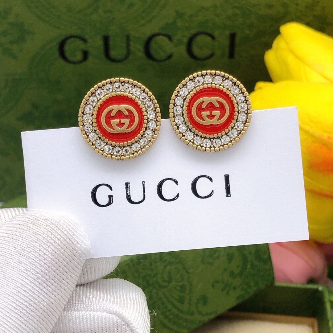 Geometric Emblem Stud Earrings in Polished Metal-Tone – Red Detail main product view