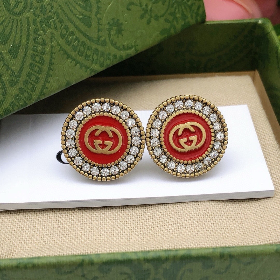 Geometric Emblem Stud Earrings in Polished Metal-Tone – Red Detail detail view