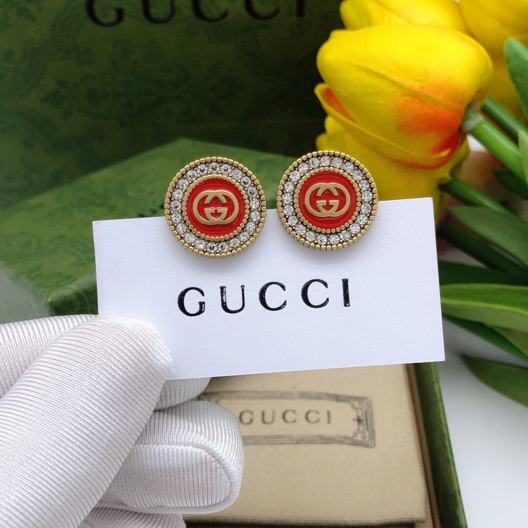 Geometric Emblem Stud Earrings in Polished Metal-Tone – Red Detail front product view