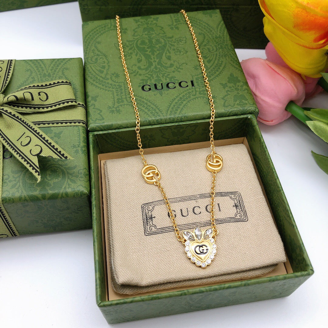 Double-G Emblem Pendant Necklace in Polished Metal-Tone – Crystal Detail – Design 005 front product view