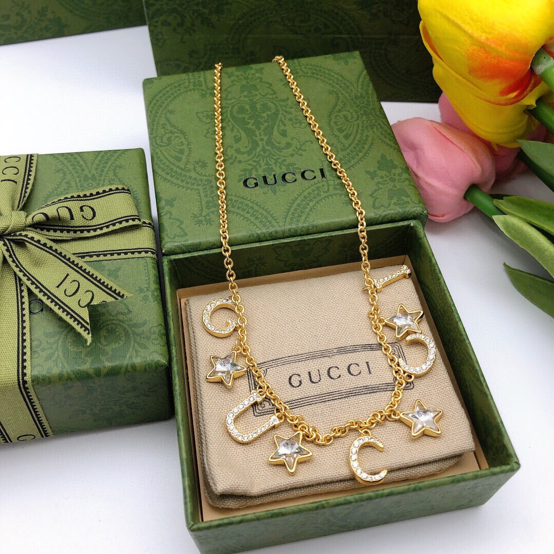 Double-G Emblem Pendant Necklace in Polished Metal-Tone – Crystal Detail – Design 004 front product view
