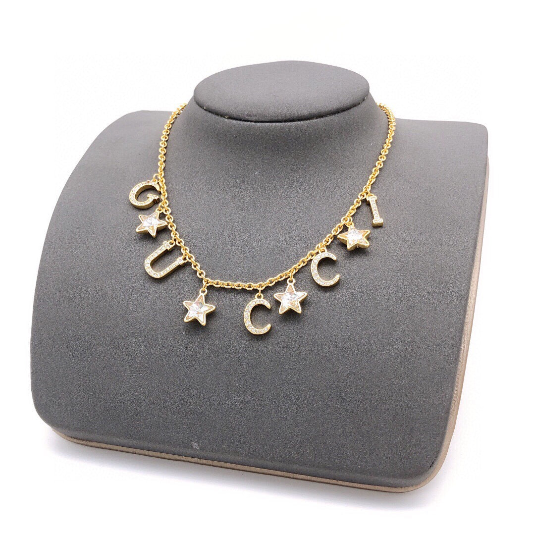Double-G Emblem Pendant Necklace in Polished Metal-Tone – Crystal Detail – Design 004 main product view