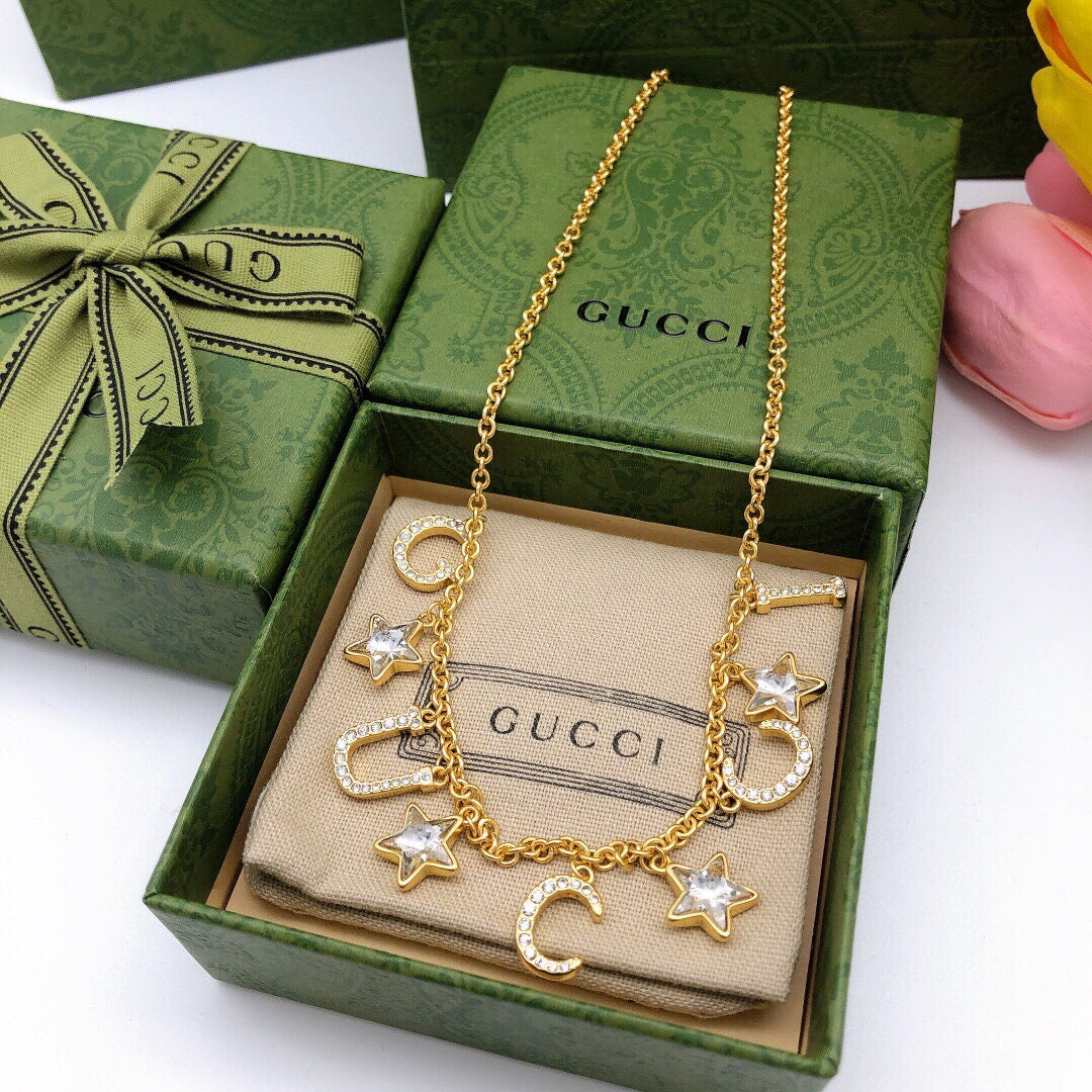 Double-G Emblem Pendant Necklace in Polished Metal-Tone – Crystal Detail – Design 004 detail view