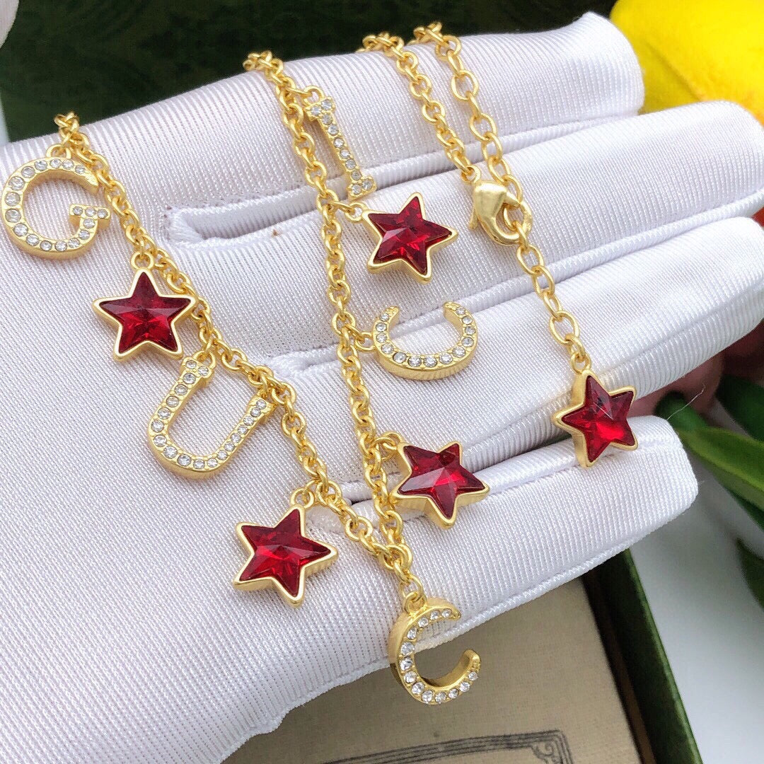 Double-G Emblem Pendant Necklace in Polished Metal-Tone – Red Detail front product view