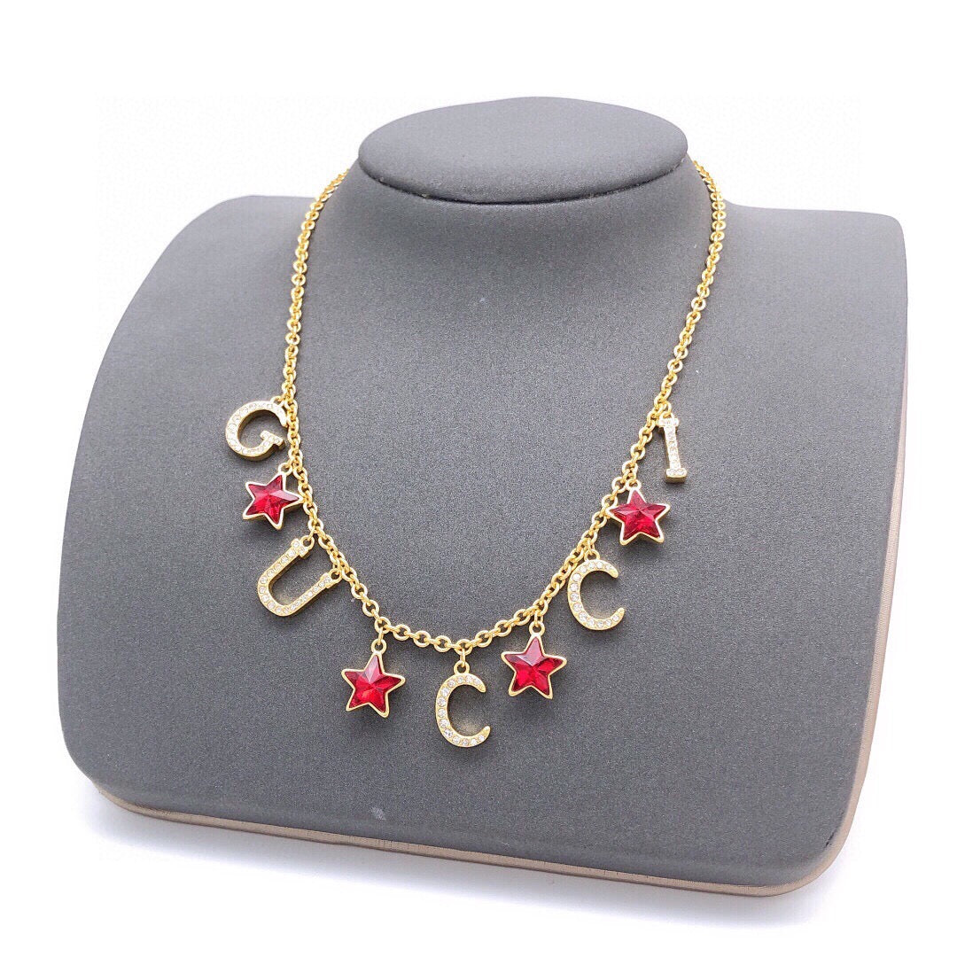 Double-G Emblem Pendant Necklace in Polished Metal-Tone – Red Detail main product view