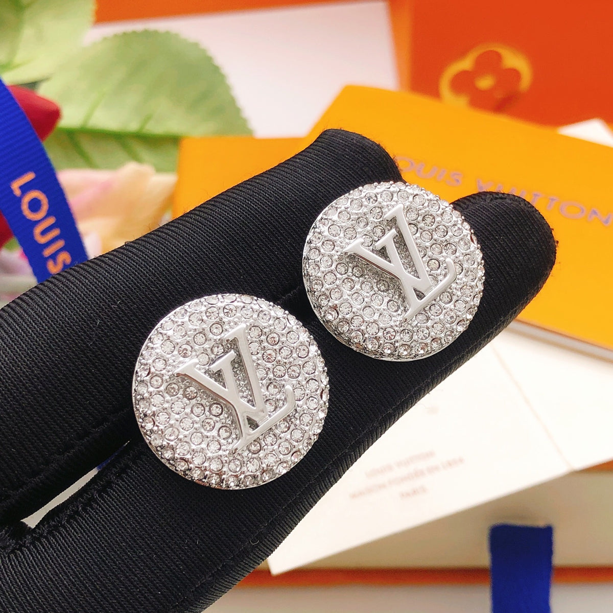 Round Stud Earrings in Silver-Tone – Silver Detail – Design 002 front product view