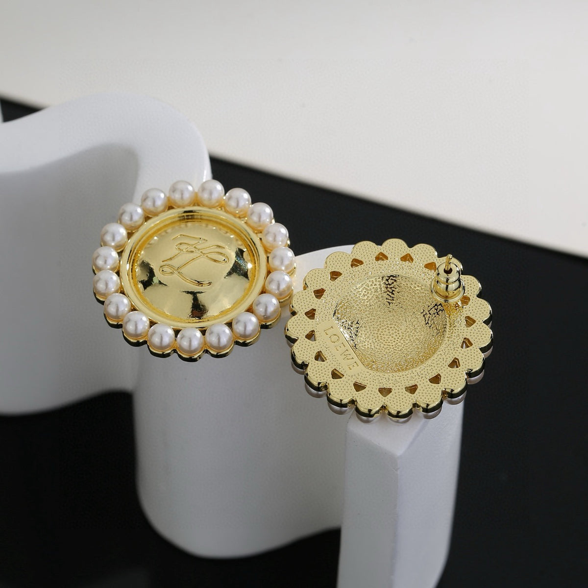 Floral Motif Stud Earrings in Gold-Tone with Crystal-Style Accents – Design 02 detail view