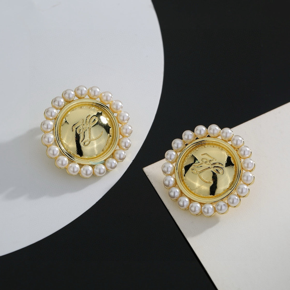 Floral Motif Stud Earrings in Gold-Tone with Crystal-Style Accents – Design 07 front view