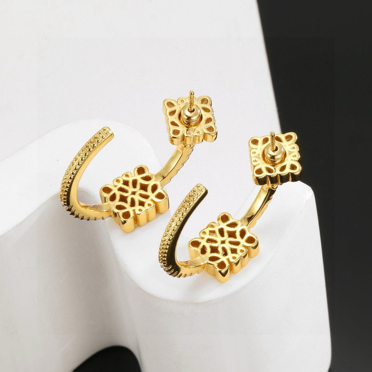Floral Motif Stud Earrings in Gold-Tone with Crystal-Style Accents – Design 03 detail view